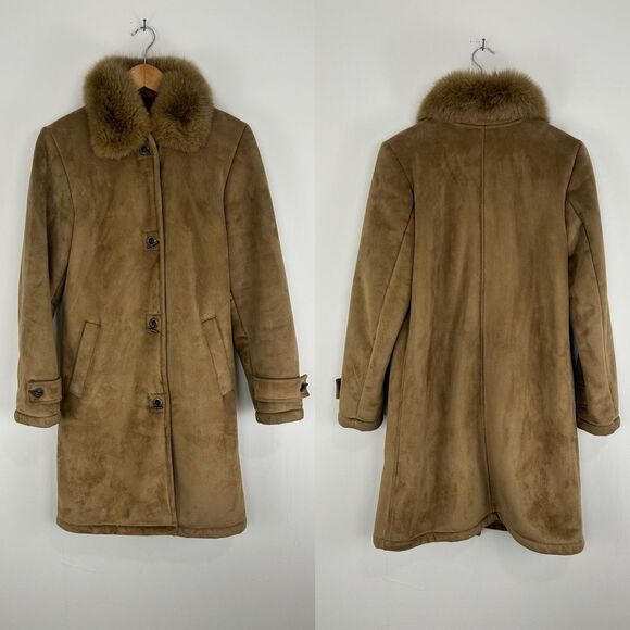 Vintage Brown Tan Dana Buchman Faux Fur Shearling Coat with Fur Collar - Picture 5 of 8
